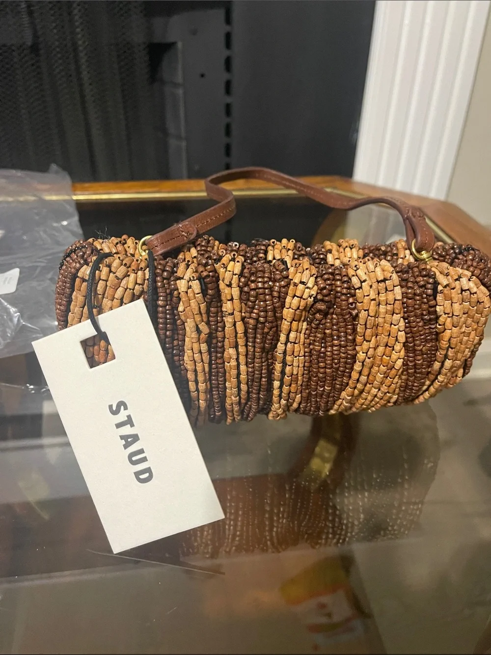 STAUD Beaded Tube Clutch in Light Brown & Dark Brown